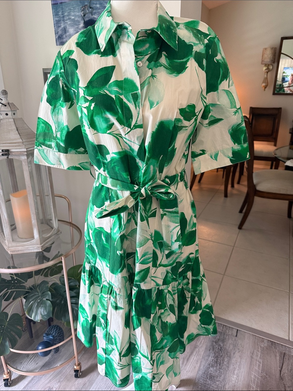 Calvin Klein Green and White Leaf-Print Midi Shirt Dress